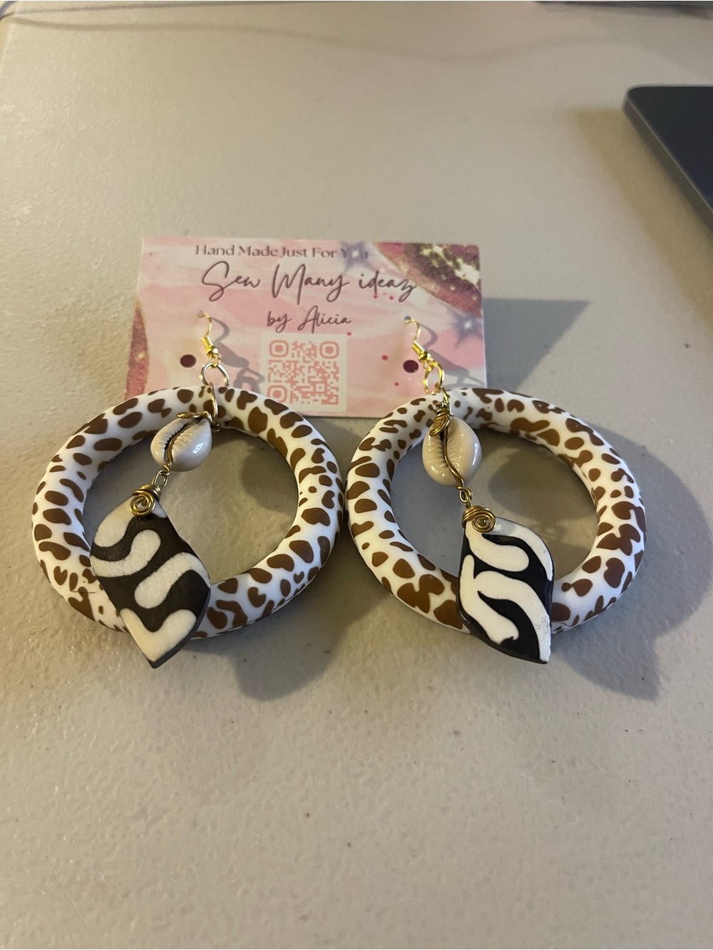 Handmade Brown & White Hoop Earrings with Black & White Charm